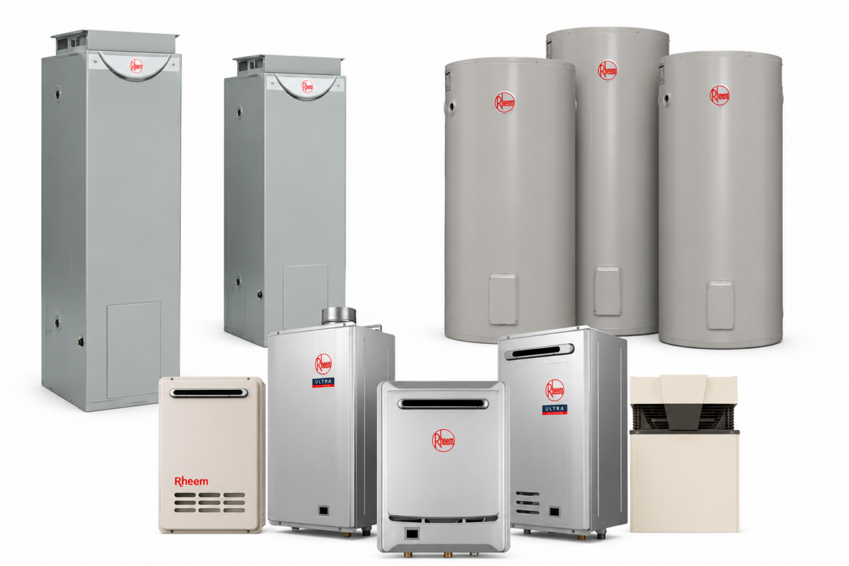 Rheem hot water system range — storage tanks, continuous flow and heat pump units