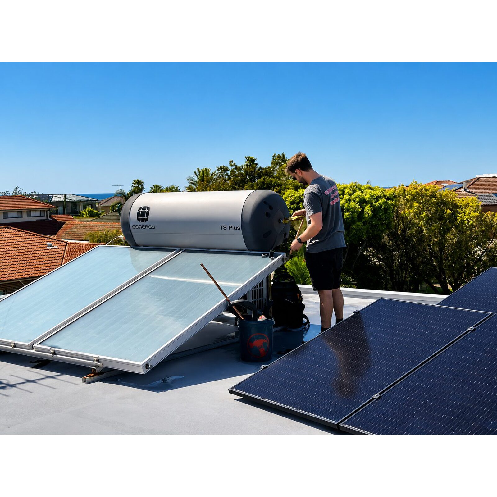 Emergency Hot Water Repairs technician servicing a rooftop solar hot water system in Sydney