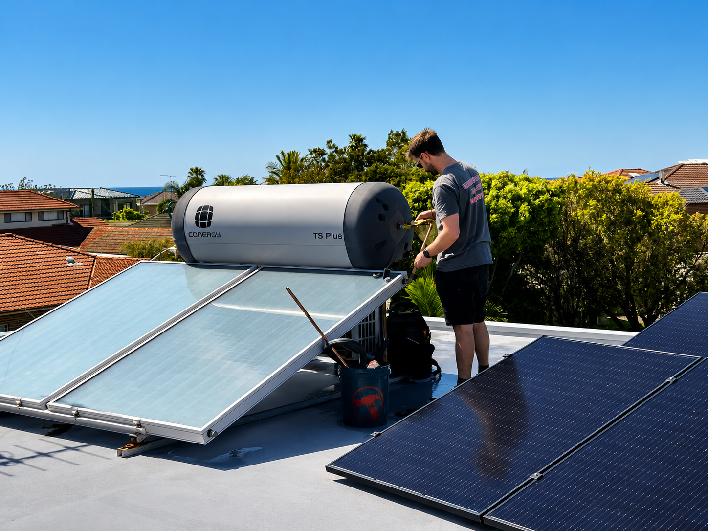 Emergency Hot Water Repairs technician servicing a rooftop solar hot water system in Sydney