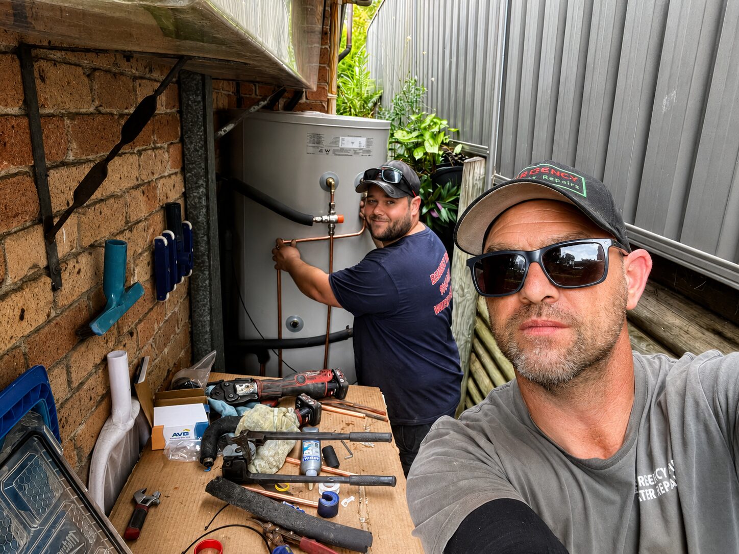 Emergency Hot Water Repairs technicians Shane and Michael with a Dux hot water system