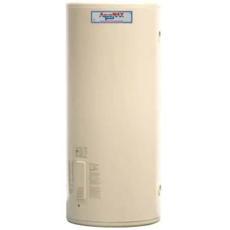 Aquamax 991250 250 L hot water system, beige cylindrical tank with logo.