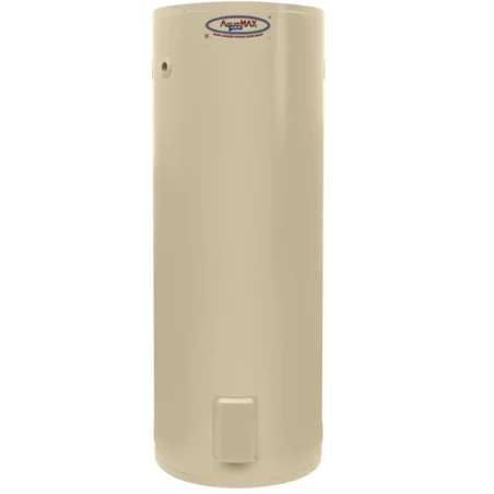 Aquamax 991400G8 400L hot water system, beige cylindrical storage unit.