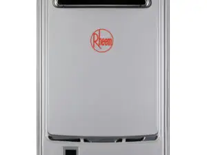 Rheem 26L gas continuous flow water heater, model 876A26, set at 50 degrees.