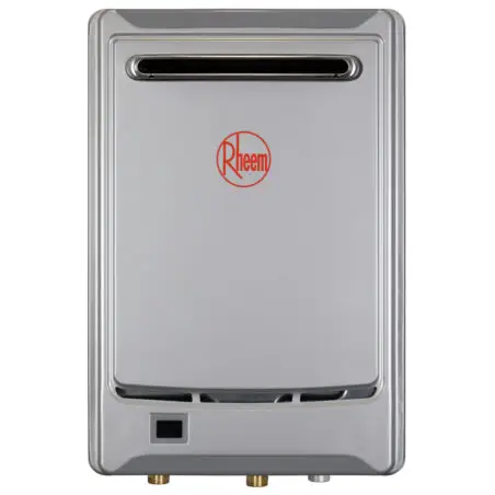 Rheem 26L gas continuous flow water heater, model 876A26, set at 50 degrees.