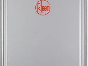 Rheem 26L gas continuous flow water heater, model 876A26, set at 50 degrees.