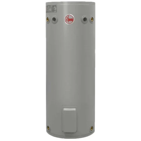 Rheem 491125 Hot Water System, 125 L capacity, gray cylindrical tank with logo.