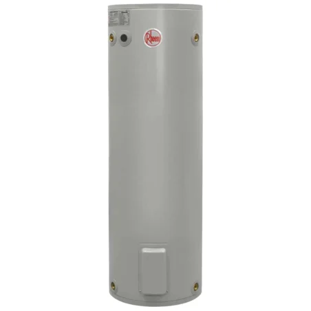 Rheem 491160, 160 L tall gray electric hot water system with logo and control panel.