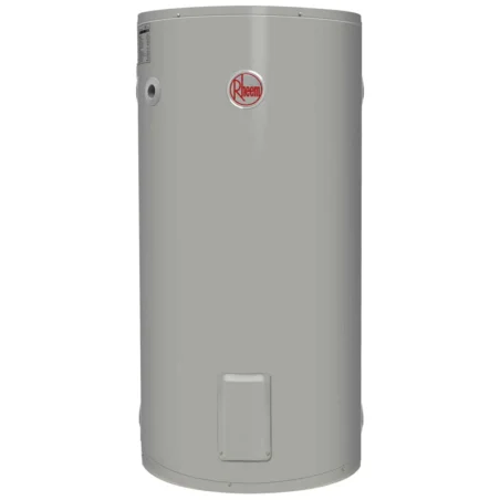 Rheem 491250 250L Hot Water System, grey cylindrical unit with logo on front.