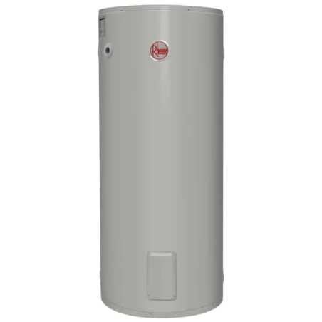 Rheem 491315 315 L Hot Water System, free-standing unit in gray with company logo.