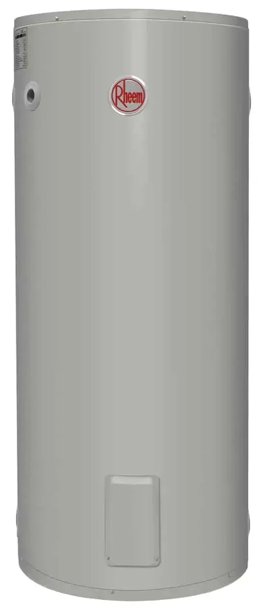 Rheem 491315 315 L Hot Water System, free-standing unit in gray with company logo.