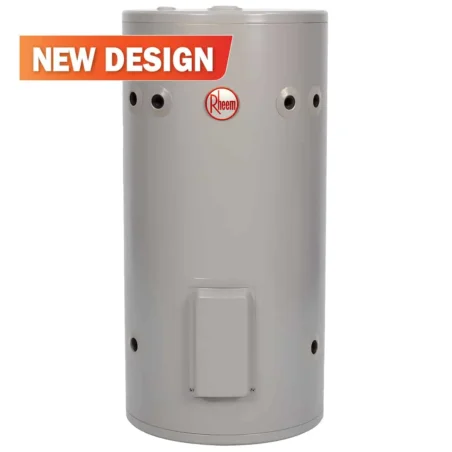 Rheem 491080 80 L Hot Water System with new design label on gray cylindrical tank.