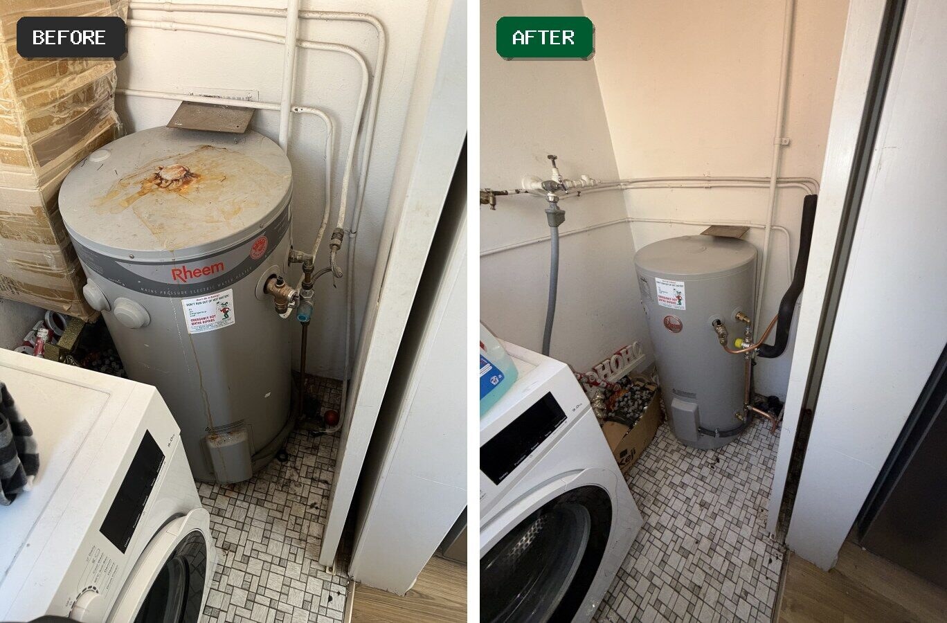 Before and after 250L hot water replacement in Sydney Cbd