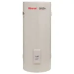 Rinnai HFE125S36 125L hot water system, vertical white tank with logo.