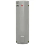 Rheem 491160, 160 L tall gray electric hot water system with logo and control panel.