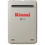 Rinnai B16 gas hot water system, front view showing model number and brand logo.