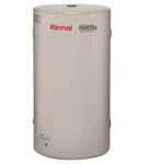 Rinnai Hotflo 80L Electric Hot Water System, beige cylindrical tank with brand logo.